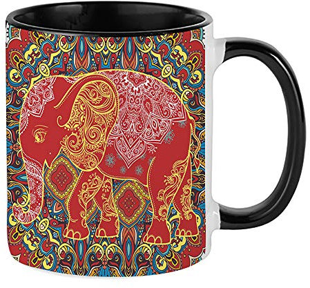 Traditional Retro Indian Elephant Oriental Ethnic Pattern Mug Vintage Colourful Decorative Hippy Boho Coffee Tea Cocoa Soup Daily use Mug. (Black Inside Coloured & Black Handle Mug)