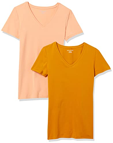 Amazon Essentials Women's Regular-Fit Short-Sleeve V-Neck T-Shirt, Pack of 2, Coral Orange/Golden Yellow, L