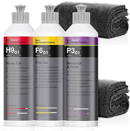 detailmate Koch Chemie Politur Set: Koch Chemie Heavy Cut Politur, 250ml + Koch Chemie Fine Cut Politur, 250ml + Koch Chemie Micro Cut & Finish Politur, 250ml + 2 Mikrofasertücher, 550GSM