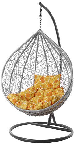Kideo® Komplettset: großer Hängesessel mit Gestell & Kissen, Lounge Möbel, Poly-Rattan, XXL, grau (Kissen: gelb Gemustert Chesterstepp (2300 Sunflower))