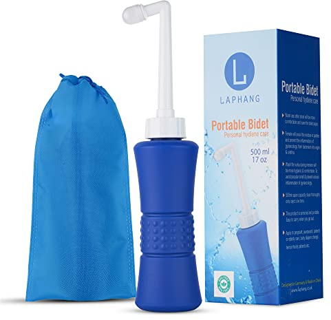 laphang Bidet portable bleu de 500 ml avec pochette étanche et bouchon – PP + TPR, anti-fuite et résistant aux rayures – Bouteille périnéale pour la guérison post-partum des hémorroïdes