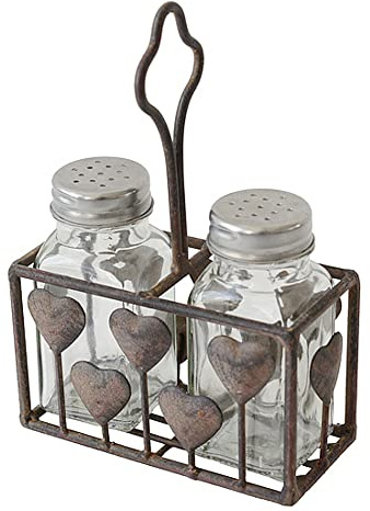 MACOSA SA80085 - Saliera e pepiera in metallo a forma di cuore, stile vintage, marrone anticato, in ghisa, shabby chic, decorazione per la cucina