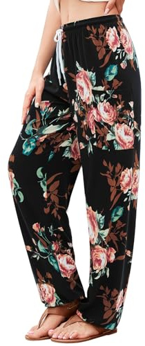 QIANXIZHAN Women's Harem Pants, Hippie Palazzo Pants Boho Joggers Yoga Clothes with Pockets Peony Flower M
