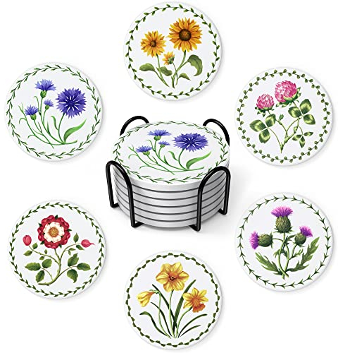 STARUBY Set of 6 Absorbent Ceramic Coasters with Coaster Holder Plant Series Pattern,Cork Bottom to Protect Table Top,Drink Coaster for Placing Cup,Decorating Table top, As a Gift