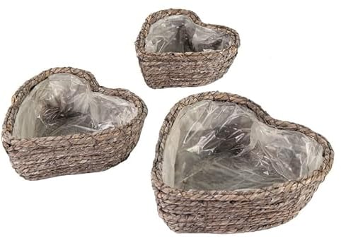 3 er Set Pflanzkörbe in Herzform Breite ca. 22, 31 und 38 cm aus Seegras-Naturprodukt, Handarbeit Pflanzherz Schale Weidenkorb Pflanzgefäß Blumentopf Deko Grab Trauer Liebe, Korb 820, Braun Grau
