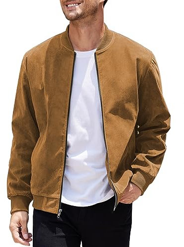 COOFANDY Herren Casual Varsity Jacke Vintage Leichte Wildleder Bomberjacken, Helles Braun, XL