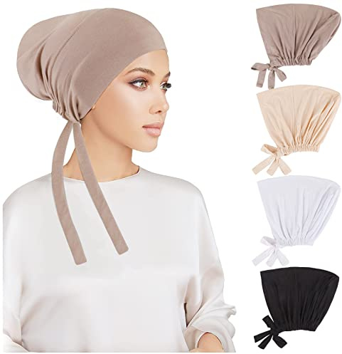 PHOGARY 4 Pcs Women Hijab Undercap, Islamic Muslim Under Hijab Cap Inner Under Scarf Hat with Tie Back Closure Solid Color Underscarf Hijabcap Turban Head Wraps for Women Chemo Sleep Cap(C)