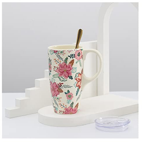 Canmetinee Tazza Tazze da Viaggio in Ceramica Tazza di Grande capacità con Coperchio e Cucchiaio Tazza di Acqua in Porcellana con Latte caffè Tazze da tè retrò drinkware 400ml Tazze da caffè