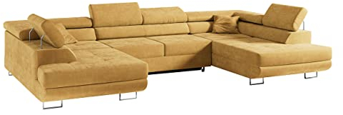 MKS MEBLE Sofa Gelb Wohnzimmer - Wohnlandschaft - U-Form Couch mit Schlaffunktion - Schlafsofa mit Bettkasten - Wohnzimmer U Couch - Polstersofa mit Bettkasten - Gustaw U Gelb Kronos