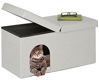 Relaxdays Katzenhöhle faltbar, belastbare Sitzbank, Katzenmöbel Indoor, Tierversteck, HBT: 38,5 x 74,5 x 37 cm, beige, 1 Stück