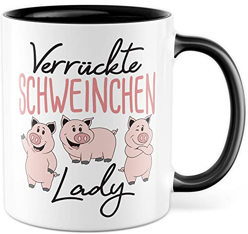 Verrückte Schweinchen Lady Tasse lustige Schweine Kaffeetasse Geschenk Kaffee-Becher süß Geschenkidee Dame Kollegin Humor Freundin Cartoon Aufdruck witzig Bäuerin Bauernfrau Ferkel (Weiß/Schwarz)