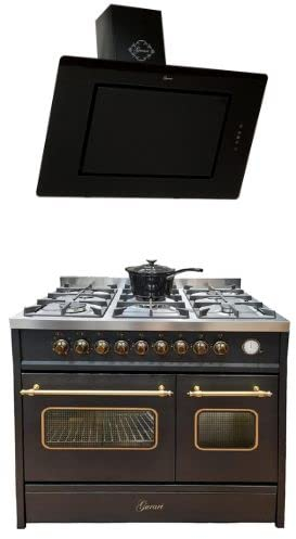 GURARI Gas Elektro Standherd GCH E 916 BL+ GCH S 155 90 BL Prime, Elektro Standherd 90 cm, Glaskeramik, Range Coocker, 121 L, Edelstahl + Dunstabzugshaube, Wandhaube 90 cm, Abluft/Umluft