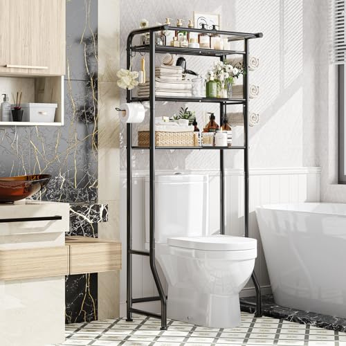 Simple Trending Over The Toilet Storage Cabinet, Metal Bathroom Shelf Organizer with Paper Holder and Hooks, 3 Tier, Black