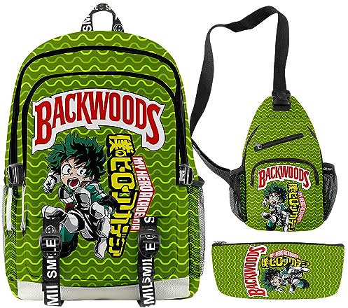 Anjinguang My Hero Academia/MHA Rucksack 3-teiliges Set mit Lunchtasche Federmäppchen MHA Schultaschen Set für Mädchen Jungen Teens Anime Cosplay Rucksack Büchertasche Computertasche, Typ 2, 44*30cm
