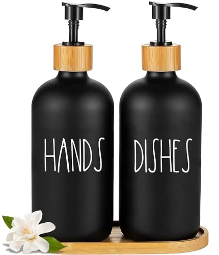 Arktek Glas Seifenspender Set, 500 ml Seifenspender Glas Schwarz mit Tablett, Badezimmer Set für Spülmittel, Handseife, Lotion für Bad und Küche Arbeitsplatte