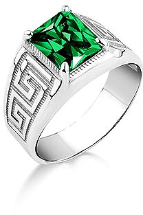 BySilverStone Jewelry Großer, Rechteckig Geschliffener Smaragd-Steinring Für Herren In Silber, Ring Mit Grüner Edelsteingravur Für Herren In Silber, Eleganter Modering Für Herren