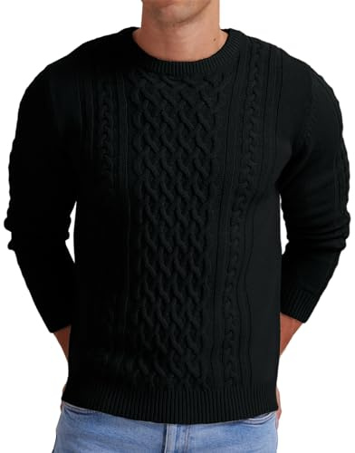 Hisir Maglioni da Uomo Maglione Lavoro a Maglia a Cavo Invernale a Girocollo con Filo Spesso e Caldo a Manica Lunga Maglia da Uomo Top (Nero, S)