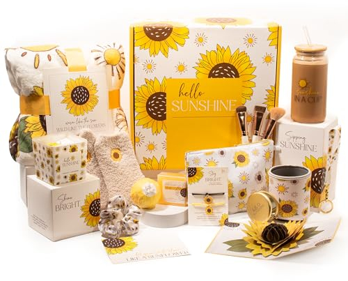 The Love Crate Co Sunflower Gifts for Women, 15pc Custom Gift Box for Women. Get Well Soon Gift Baskets for Women, You Are My Sunshine Gifts, Care Package For Women Thinking of You, Wellness Gifts.
