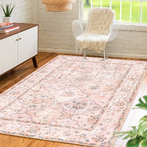 Season wind Boho-Teppich, Vintage, waschbar, rutschfest, traditionell, rosa, für Kinderzimmer, Wohnzimmer, Schlafzimmer, Esszimmer, Mädchenzimmer