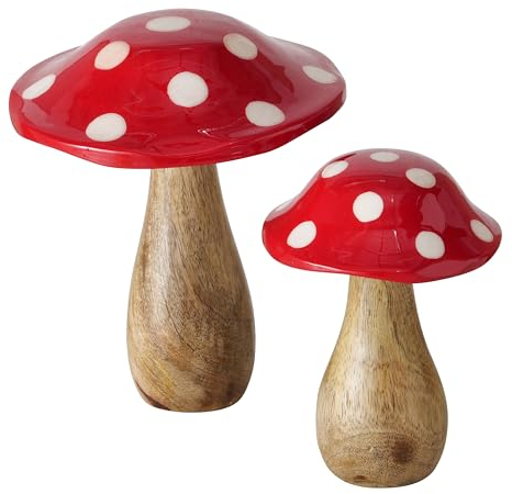 WHW Whole House Worlds Bauernmarkt Pilze 2er Set Deko Küchenfiguren Kunst Glänzend Leuchtend Rote Spitzen mit weißen Punkten Mangoholz 19.1 cm und 15.2 cm