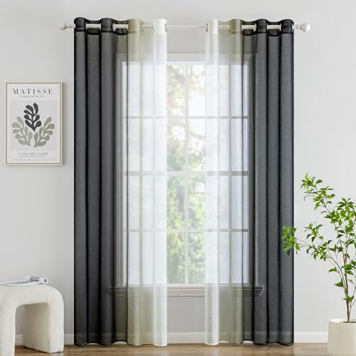 Woaboy Voile Vorhang Zweifarbiger Vorhang mit Ösen 140x245 cm Schwarz | 2er Set Transparente Gardine Ösenschal Dekoschal Fensterschal Lichtdurchlässig für Schlafzimmer und Wohnzimmer