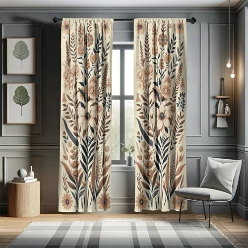 ABAKUHAUS Floral Vintage Ensemble de 2 Panneaux de Rideaux, Jardin de Nostalgie, Traitement de Fenêtre Léger, 150 cm x 225 cm, Coquille d'oeuf Ombre Bleu Ardoise