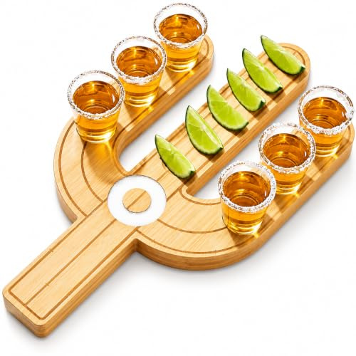 The Wine Savant Cactus Tequila Tray & Shot Glass Set - Bamboo, Light Brown, Shot Glass Set, BAR TOOL SET, 4 Pieces, Party Shot Board, Gift