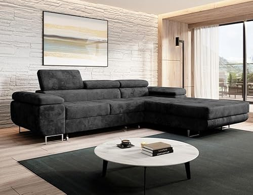 Easy4You Ecksofa NORBERG Velvet L-Form Graphite – 279x72x205 cm - Schlafsofa mit Bettkasten und Schlaffunktion - Eckcouch mit Stauraum – Rechts – Stoff Monolith 97