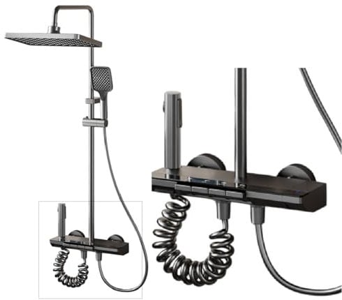 INEX EUROPA Columna Ducha Negro Gris Titanio con Cabezal Cuadrado - Columna de Ducha 4 Modos y Altura Ajustable – Cabezal, Chorro, Grifo y Alcachofa de Ducha – 10 Años de Garantía