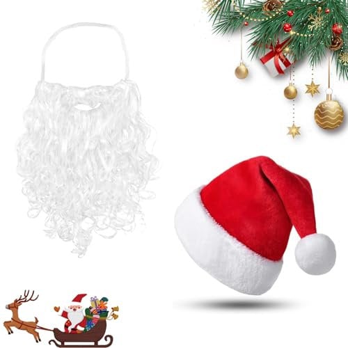 0XBIT Weihnachtsmütze, Weihnachtsmützen Erwachsene mit Weihnachtsmannbart, Nikolausmütze, Plüsch Kante Weihnachtsmann Mütze, Weihnachtsmann Mütze für Herren Damen Perfekt für Weihnachtsfeiern