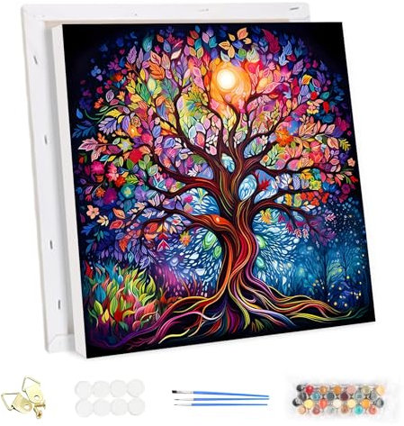 MEIYUDA Peinture par Numero Adulte avec Cadre Arbre de vie Coloré, DIY Peinture à l'huile par Numéros sur Toile Artisanat avec Pinceaux Peintures Acryliques, Decoration Maison Cadeau 30x30cm