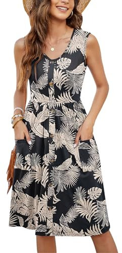 MOLERANI Summer Dress for Women UK Ladies Casual V Neck Beach Swing Button Midi Sundress with Pockets Froest Leaf M