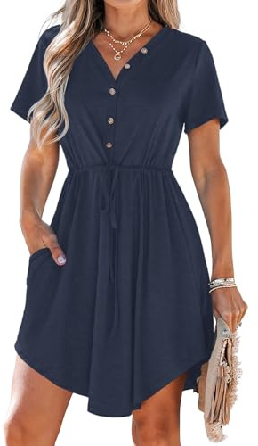 AUSELILY Summer Dresses for Women UK Casual V Neck Short Sleeve Drawstring Midi Dresses with Pockets Navy Blue L