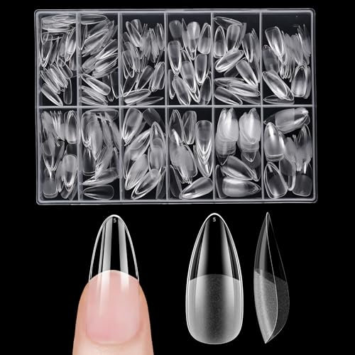 Short Almond Nail Tips for Acrylic Extensions, Venares 500 Pcs Full Cover Nail Tips Almond Shaped 12 Size Soft Gel Pre-buff Clear False Nails Press on