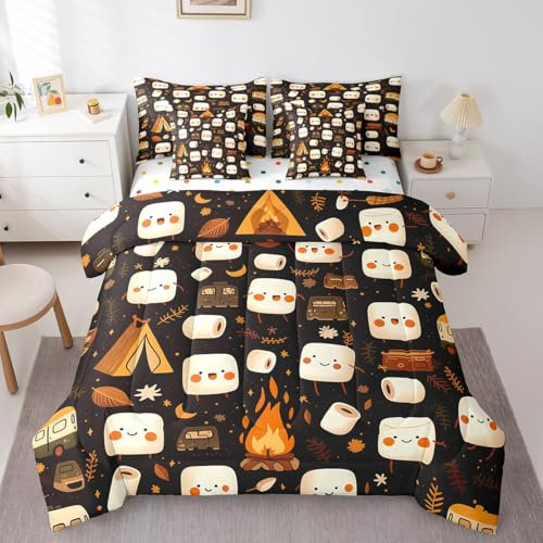 Feelyou Süßes Marshmallow-Bettwäsche-Set mit Bettlaken, Doppelbettgröße, für Kinder, Kawaii S'Mores Candy, 7-teiliges Bettwäsche-Set für Jungen, Mädchen, Teenager, glückliches Campingbett in einer