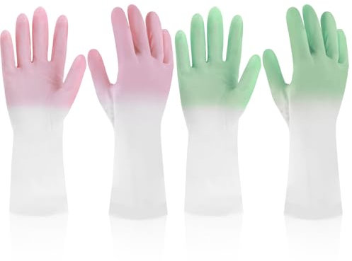 Quilax 2Pcs Non Slip Household Cleaning Gloves, Reusable Dishwashing Rubber Gloves, Latex Free Dishwashing Glove for Kitchen Laundry Gardening(Pink+Green, Medium)