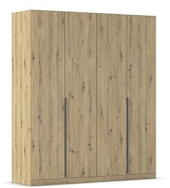 Rauch Möbel Alabama, Kleiderschrank, Garderobenschrank, 4-türig, Zubehör Basic, 2 Kleiderstangen, 4 Einlegeböden, Farbe Eiche Artisan, Holz, Griff Grau metallic, 181x229x54cm