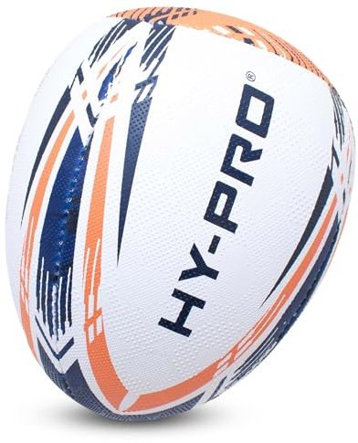 Hy-Pro Ballon de Rugby Rebound Taille 5 – Caoutchouc synthétique, Grip Double Grain, Cousu à la Main, vessie en Latex Durable – Idéal pour l'entraînement de Passes et de Manipulation, Blanc/Bleu