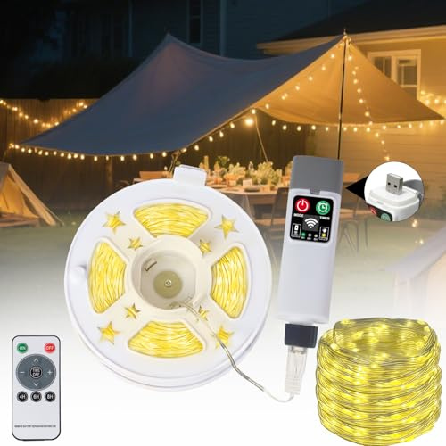 Speclux 20M 200LED Camping Lichterkette Aufrollbar mit 8 Beleuchtungsmodi, Tragbare Wasserdicht LED Lichterkette Außen, USB Aufladbar Campinglampe für Camping, Hof und Wandern