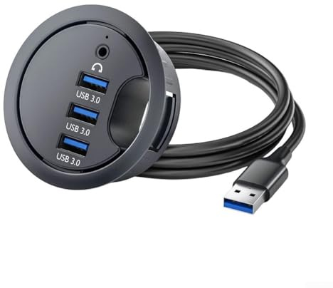Desk Grommet Hub, USB 3.0 Fast 5Gbps Data Transfer Cable Organizers, With Headphone Microphone Audio Interface, For PC Laptops