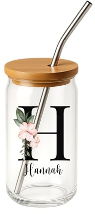 LIEBTASTISCH Personalisiertes Glas mit Deckel und Strohhalm - Wunschnamen + 500 ml - mit Bambusdeckel - mit Reinigungsbürste - Trinkglas mit Halm für Heiß - und Kaltgetränke - Geschenkidee (675 ML)