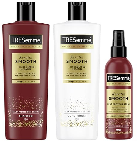 TRESemmé Shampoo, Conditioner & Heat Protect Spray Keratin Smooth Haarpflege Bundle gegen Feuchtigkeit mit hydrolysiertem Keratin 400 ml + 400 ml + 200 ml 3 Stück