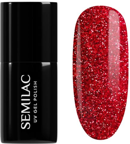 Semilac UV Nagellack 318 Burgundy Red Glitter 7 ml – Deckendes Rot mit goldenen Glitzerpartikeln, Glitter Effekt