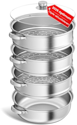 Dampfgarer zum Kochen – 28 cm Edelstahl-Dampfgarer mit Dämpfeinsatz, 3/4/5-stöckiges Kochgeschirr mit Deckel zum Garen von Gemüse, Meeresfrüchten, Suppen, Eintöpfen und Pasta (Vier)