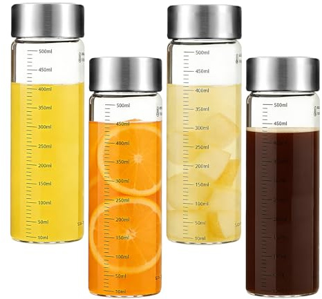 Vexaflow 4 Glasflaschen 500ml mit Edelstahl Deckel, Wiederverwendbar Glaswasserflasche, Smoothie Gläser Sets mit Messskala, Saftflaschen mit Skala, Smoothie Becher to go für Smoothies