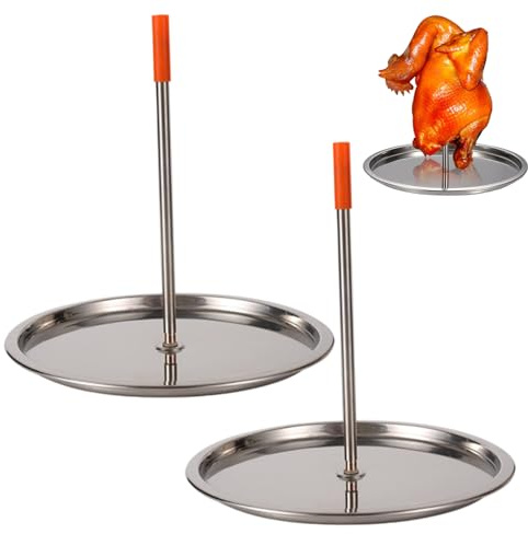Griglia per Spiedini Verticale in Confezione da 2, Spiedini in Acciaio Inossidabile con Spiedo Rimovibile e Leccarda per Pollo Intero, Pesce, Carne |.Design auto-imbastito