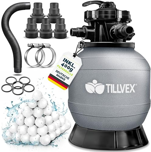 tillvex® Sandfilter Pool ohne Pumpe + Filterbälle | Filterkessel Poolfilter inkl. Adapter Ø32-38mm | Sandfilterkessel + 7-Wege-Ventil, Manometer & Saugschlauch (Grau, Bis 21 m³ (21.000 Liter) Pools)