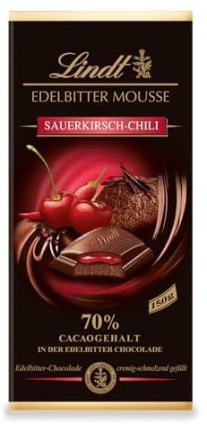 Lindt Schokolade Edelbitter Mousse Sauerkirsch-Chili | 150 g Tafel | Mit 70 % Kakaogehalt und dunkler Mousse au Chocolat und Sauerkirsch-Chili Füllung | Schokoladentafel | dunkle Schokolade