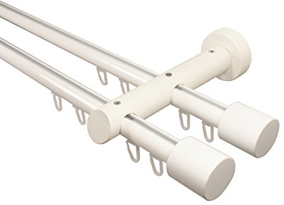 iso-design Innenlauf Gardinenstange 2-läufig aus Aluminium und Holz weiß, 20 mm, Endstück Kappe, 180 cm