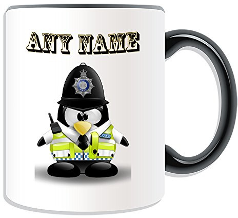 Personalised Gift - British Police Constable Mug (Penguin in Costume Design Theme, Colour Options) - Any Name / Message on Your Unique - UK Policeman PC Sergeant Inspector Traffic Officer PC SGT INSP CID Helmet
